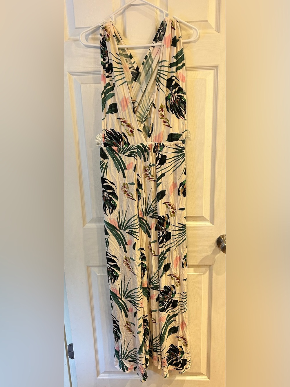 BCBGMaxAzria Cream Maxi Dress with Green and Pink Tropical Print